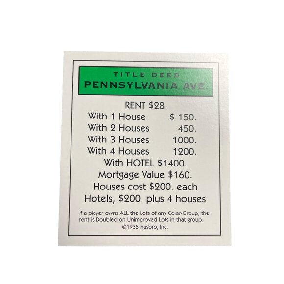 Monopoly Classic Pennsylvania Ave Property Title Deed Card Replacement u - Picture 1 of 2